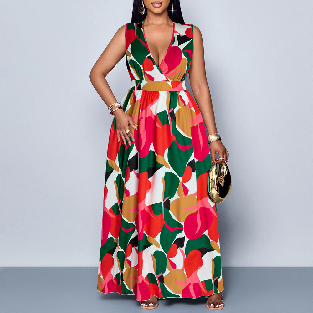 V-neck Printed Plus Size Loose Sleeveless Dress Women