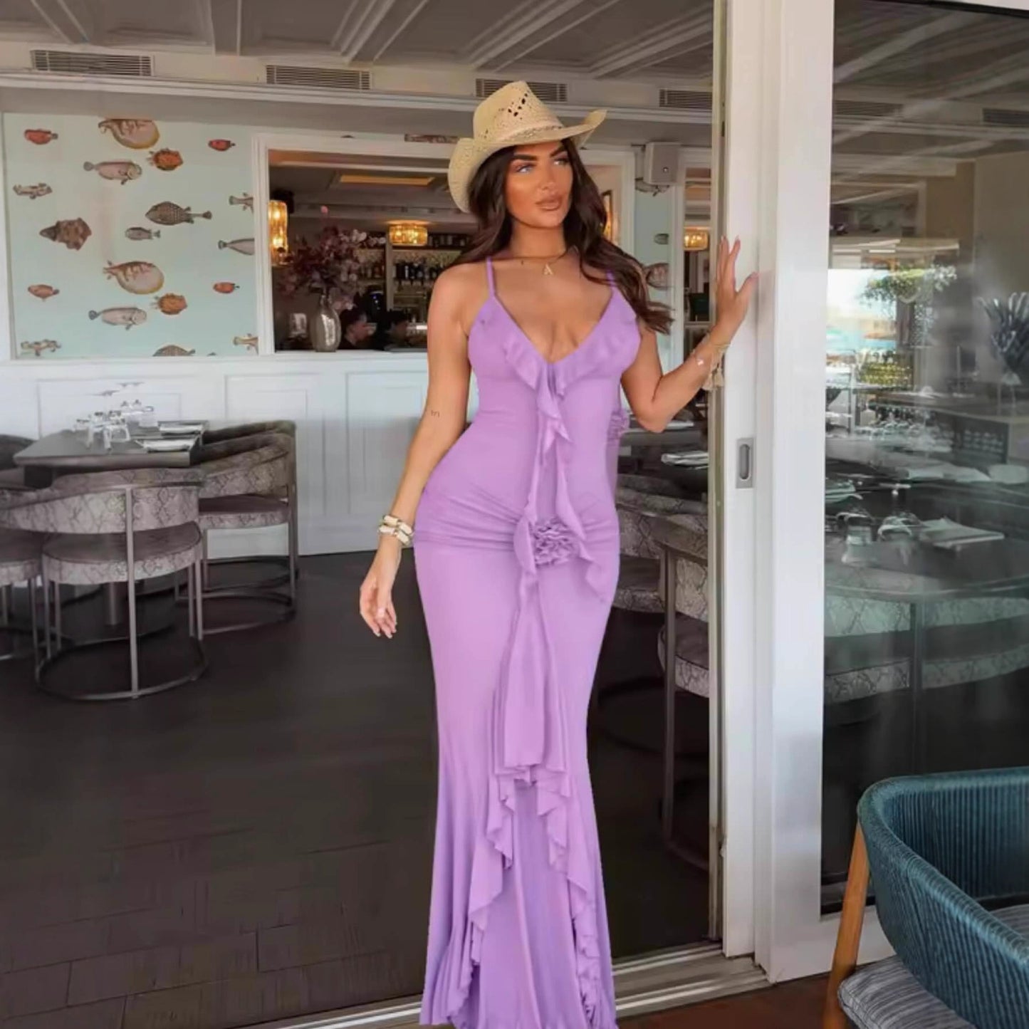 2025 New Fashion Ruffle 3D Flower Strap Dress