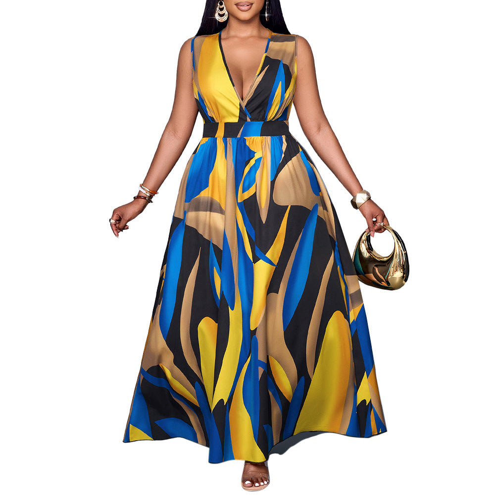 V-neck Printed Plus Size Loose Sleeveless Dress Women