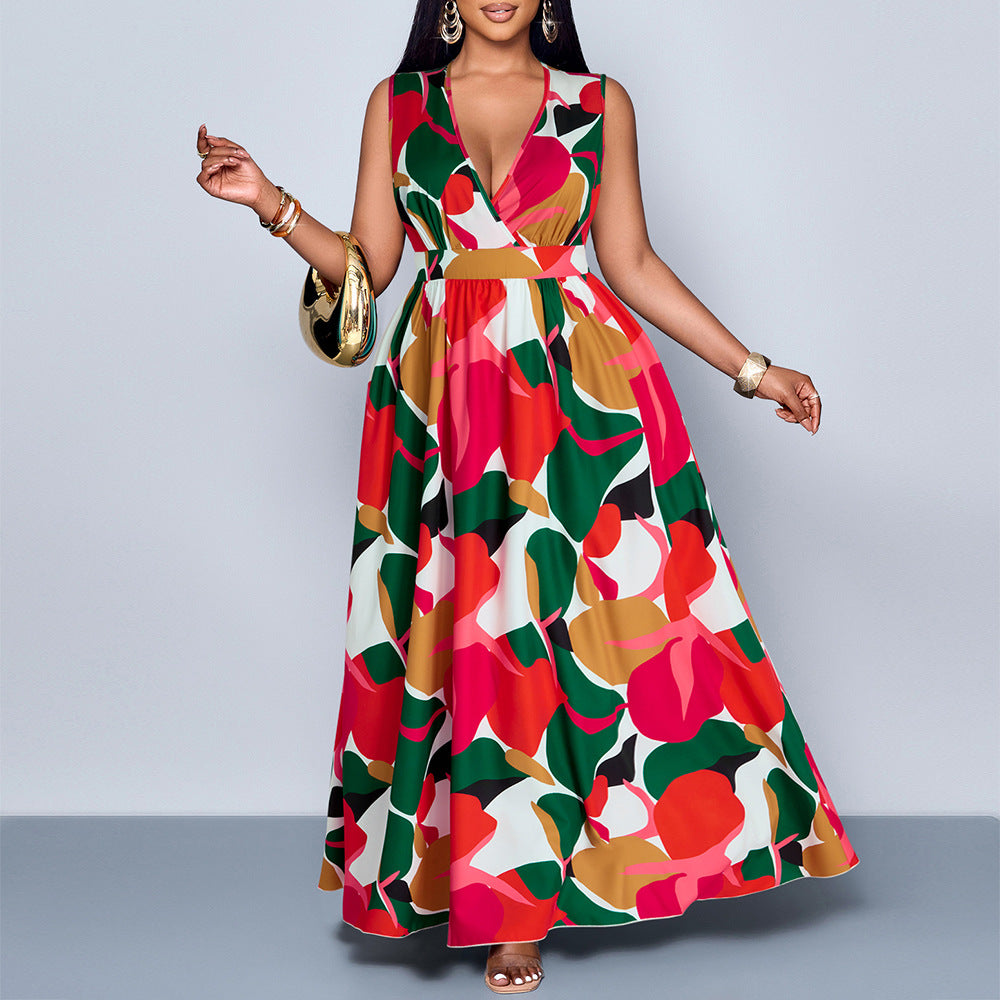 V-neck Printed Plus Size Loose Sleeveless Dress Women