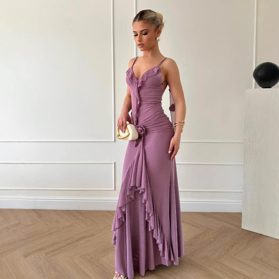 2025 New Fashion Ruffle 3D Flower Strap Dress