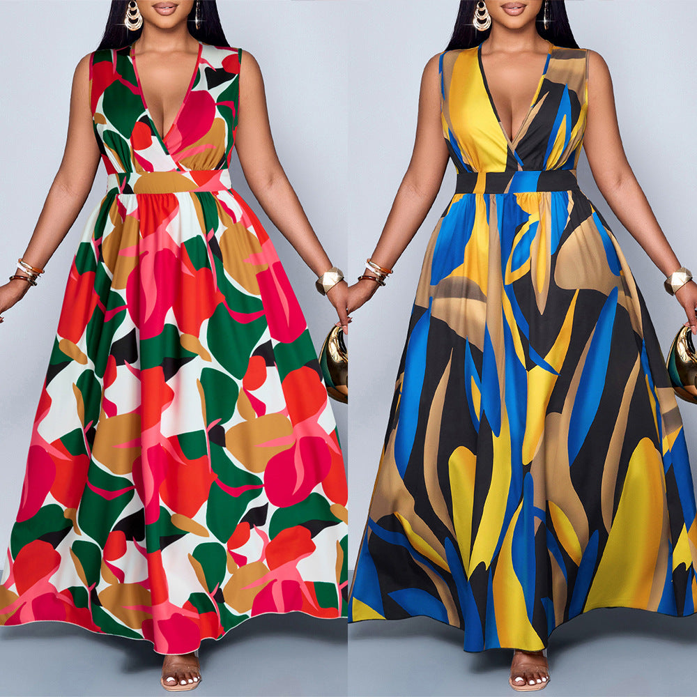 V-neck Printed Plus Size Loose Sleeveless Dress Women
